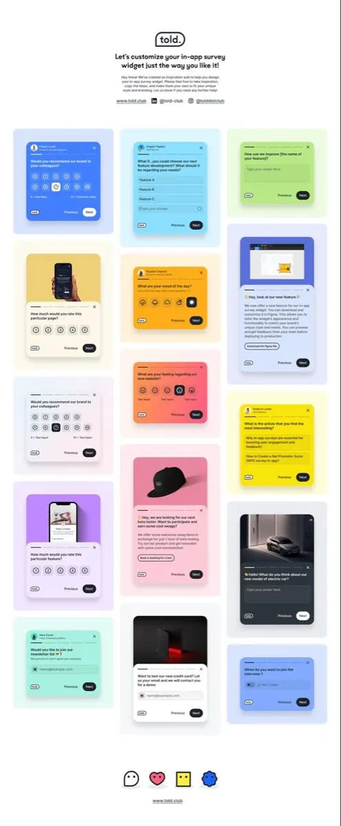 Told design system survey cards, flat, minimal, neon