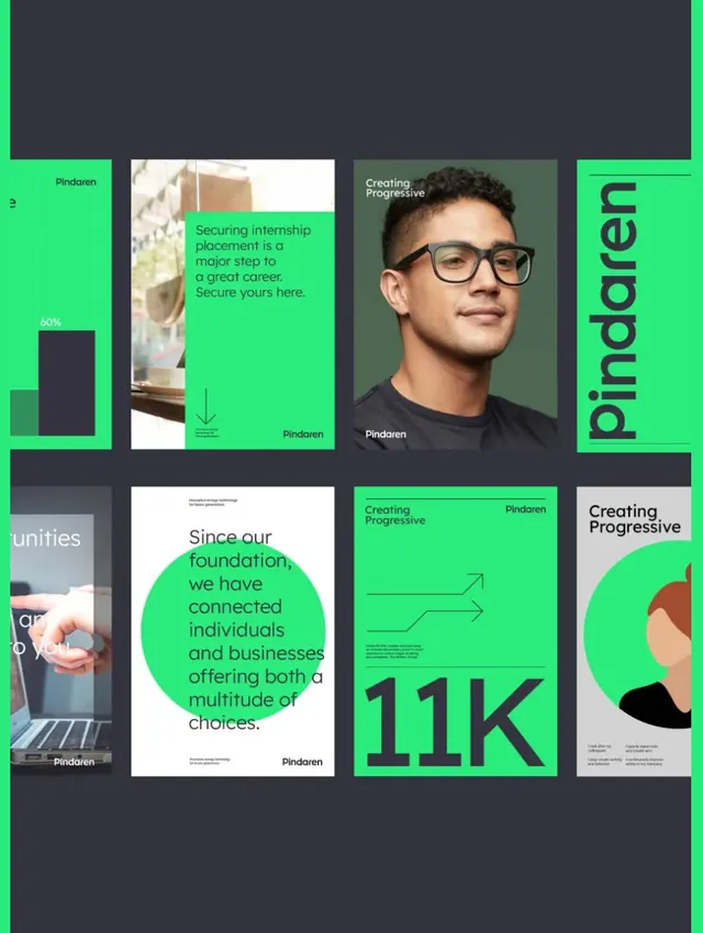 Bright green and dark gray recruitment grid with photography and typography, minimal, corporate-clean, dark