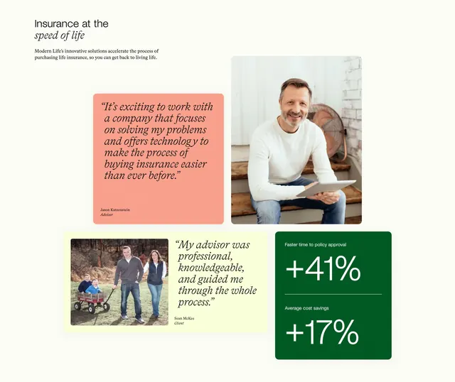 Modern Life insurance testimonials with green metrics, corporate-clean, minimal, light