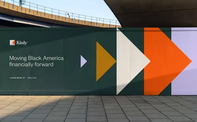 Kinly outdoor billboard with interlocking arrow chevrons, geometric, corporate-clean, high-contrast