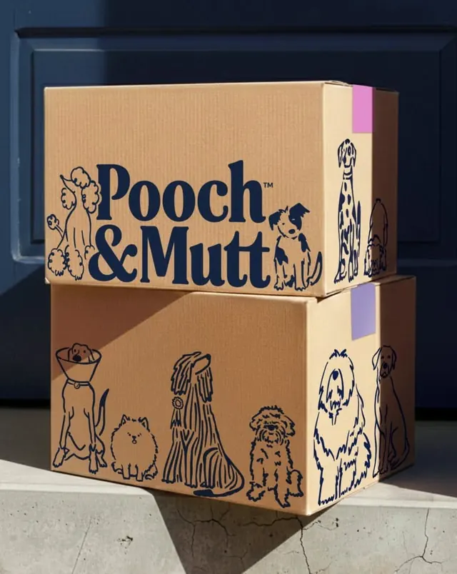Pooch & Mutt pet supplies packaging, minimal, organic, dark