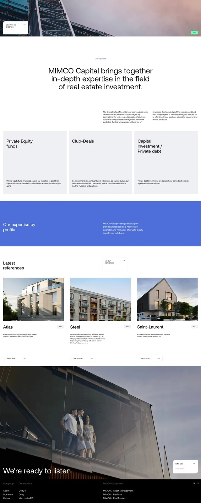 MIMCO Capital real estate investment hero with crane imagery, corporate-clean, minimal, light