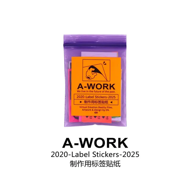 A-WORK sticker package design, minimal, y2k, vibrant