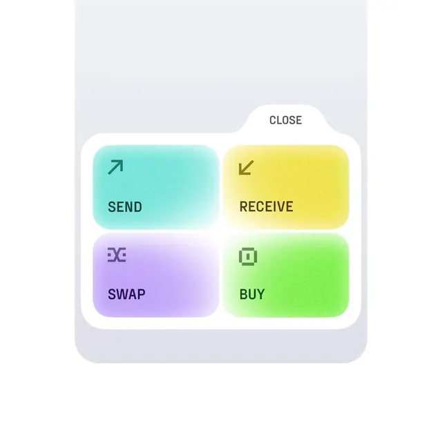 Crypto app action menu card, gradient-heavy, minimal, vibrant