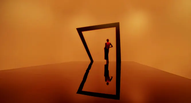 Abstract Human Figure in Geometric Frame, minimal, geometric, warm