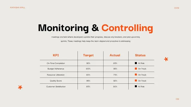 Project KPI dashboard slide, corporate-clean, minimal, light