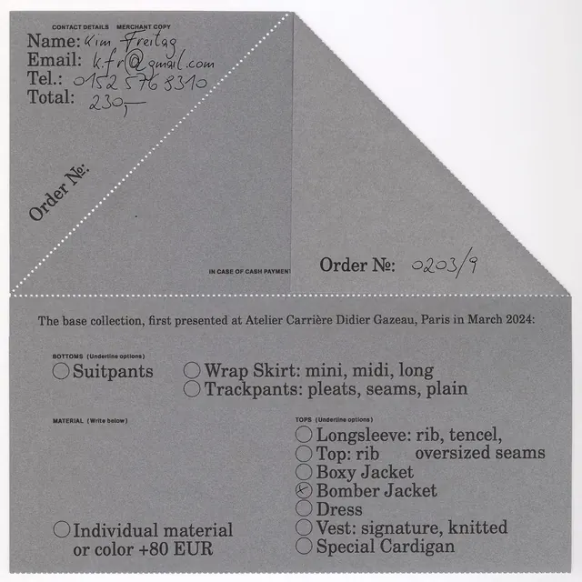 Modular atelier order form with handwritten details, minimal, editorial, light