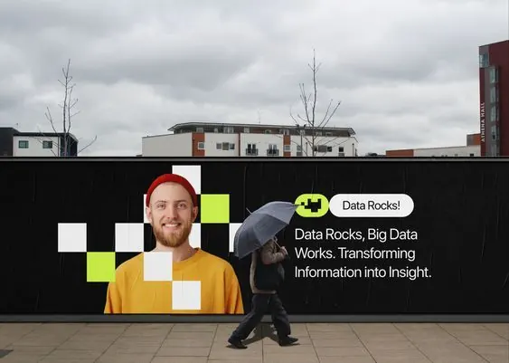 Data-analytics street mural with portrait and text, geometric, dark
