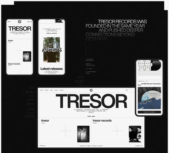 TRESOR identity collage dark background, corporate-clean, boxed, monochrome