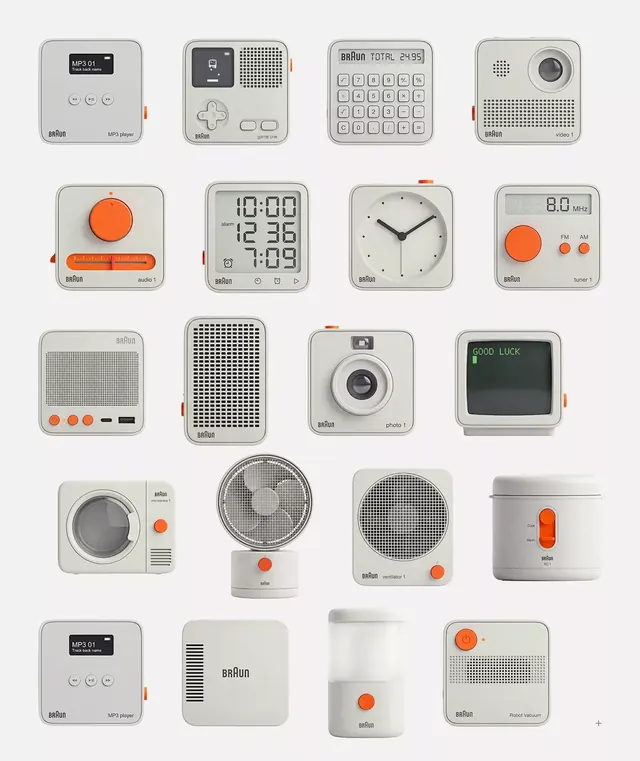 Braun product grid: retro electronics, photographic, technical, light