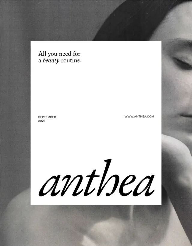 Anthea beauty poster: split-image with italic wordmark, minimal, light-mode, monochrome