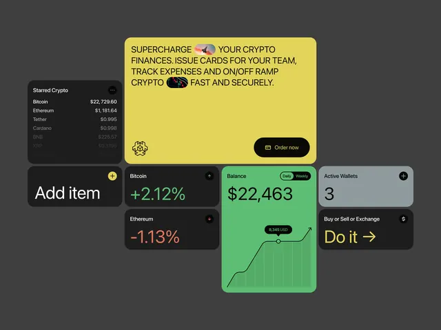 Crypto dashboard with color-blocked cards, minimal, dark-mode, dark