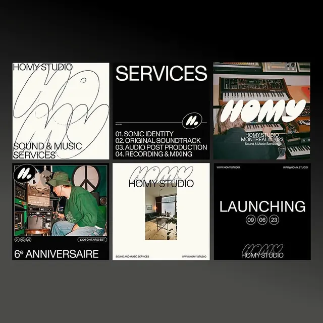 Studio branding collage: 6-panel monochrome grid, minimal, monochrome, dark