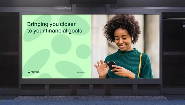 Numus fintech billboard, light-mode, corporate-clean, light