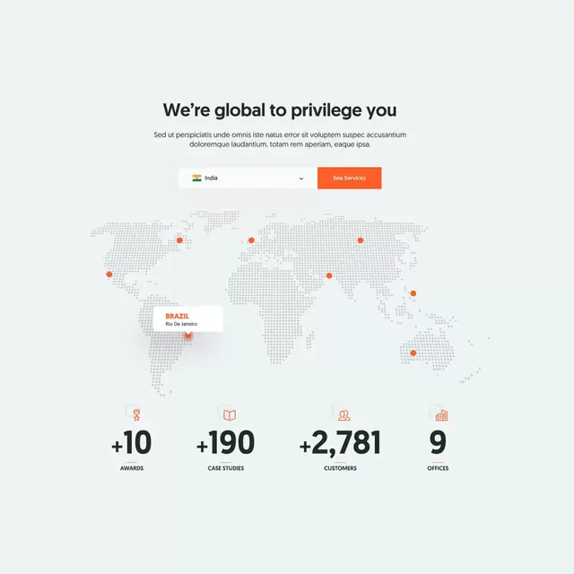 Global reach stat cards with world map, minimal, corporate-clean, light