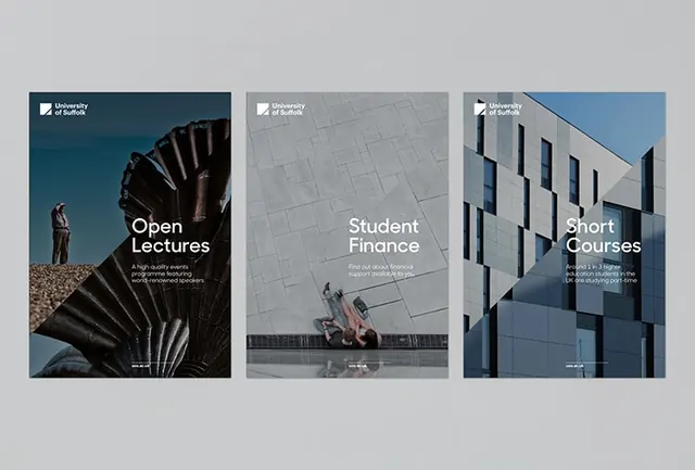University marketing poster series, minimal, corporate-clean, light
