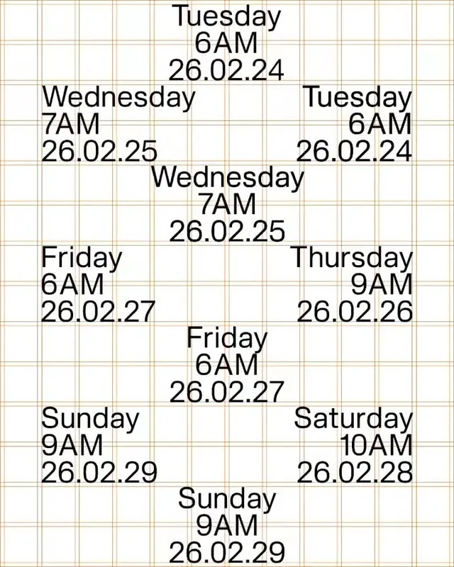 Off-white grid calendar with scattered day labels, minimal, geometric, light