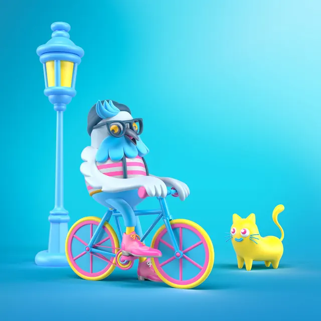 3D Character Illustration with Bicycle, 3d-render, playful, vibrant
