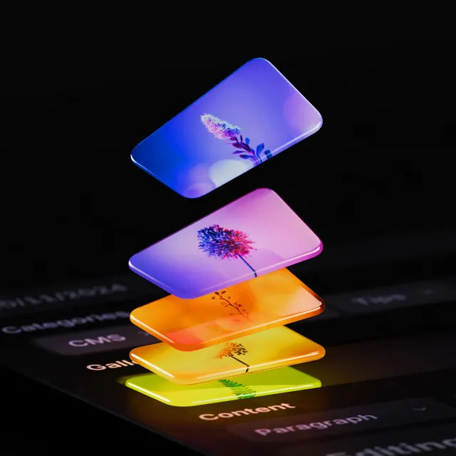 Floating UI Cards with Floral Illustrations, glassmorphism, gradient-heavy, vibrant
