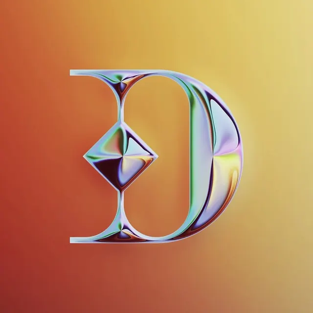 Iridescent 3D letter D on orange gradient, 3d-render, gradient-heavy, vibrant