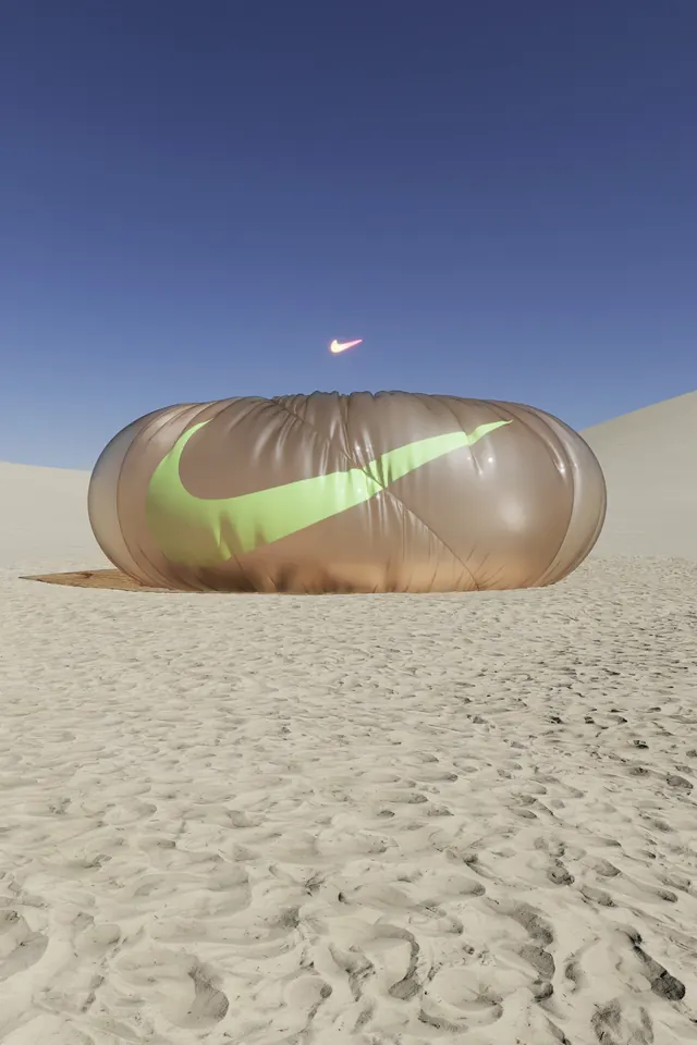 Nike inflatable sculpture in desert dunes, 3d-render, minimal, light