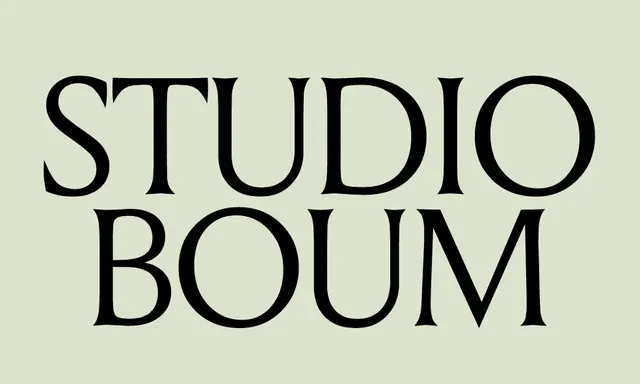 Studio Boum serif wordmark on sage green, minimal, geometric, dark