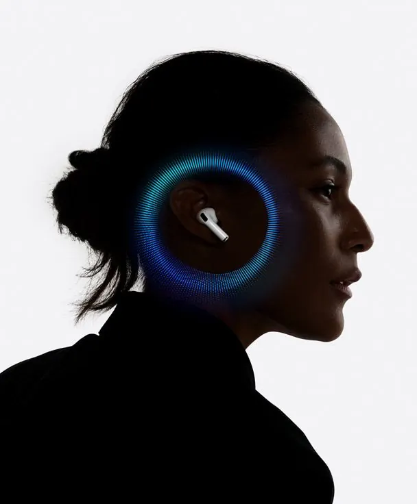 Glowing earbud UI visualization, technical, 3d-render, high-contrast