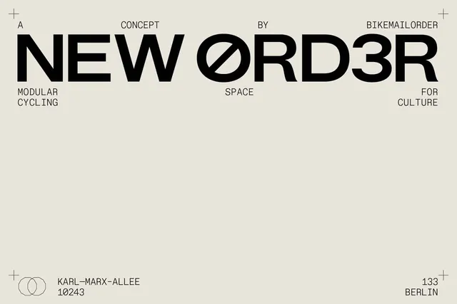 NEWORDER3R brutalist type specimen, minimal, geometric, dark