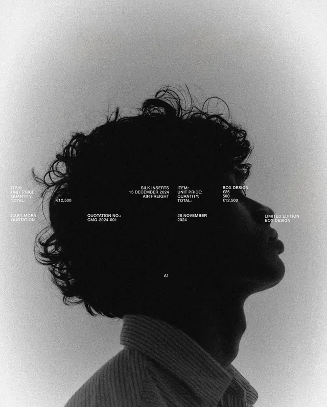 Black silhouette profile with commercial logistics metadata, minimal, editorial, monochrome