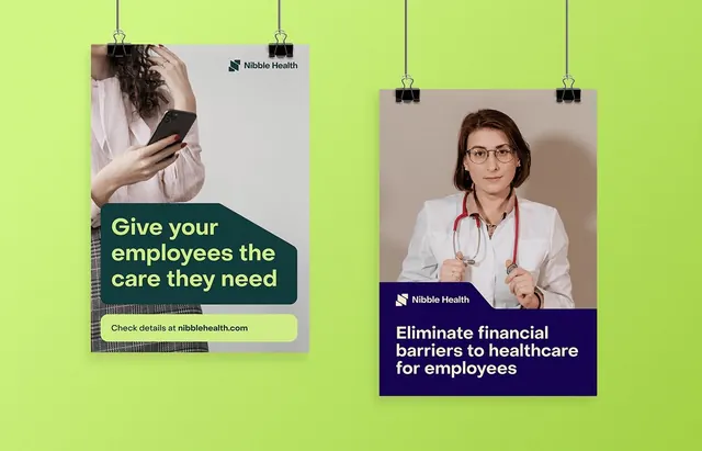 Nibble Health employee benefits poster pair, corporate-clean, minimal, light