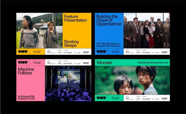 VIFF film festival promotional grid, minimal, corporate-clean, dark