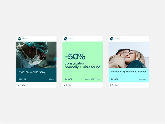 Healthcare app cards with teal, mint, and navy, minimal, flat, light