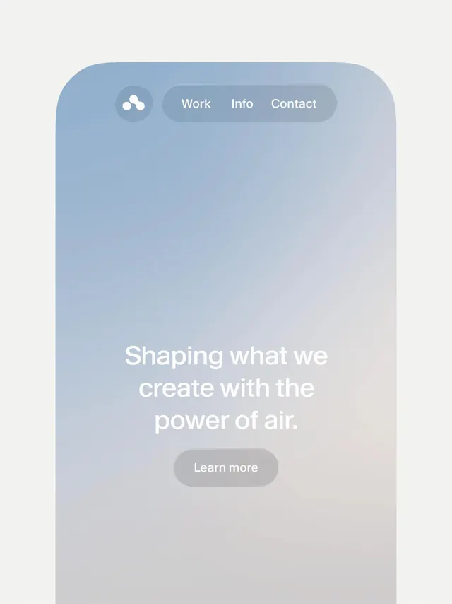 Air-tech hero screen with softly-rounded navigation, minimal, glassmorphism, light