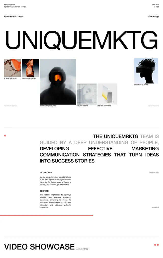 UNIQUEMKTG type specimen with portrait grid, minimal, corporate-clean, dark