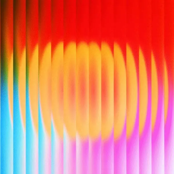 Colorful vertical blinds with glowing light patterns, abstract, gradient-heavy, vibrant