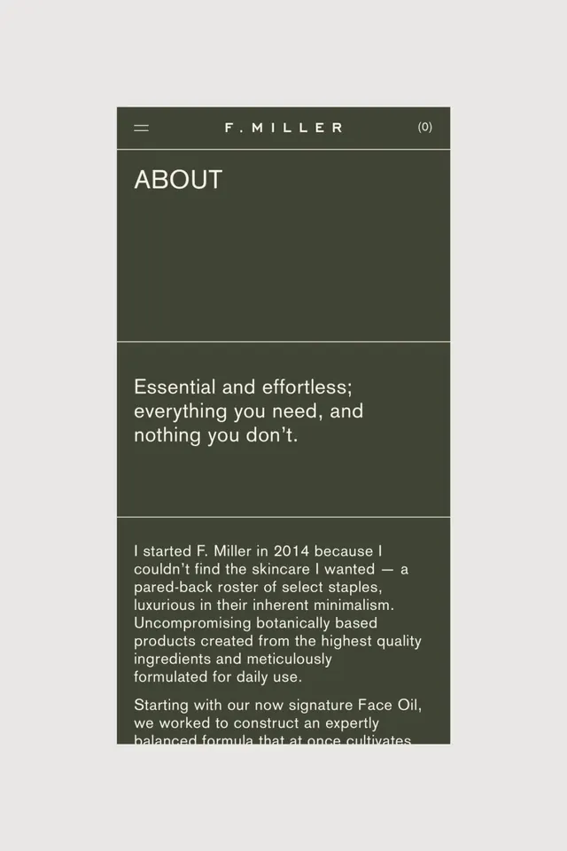F. Miller skincare about page, minimal, dark