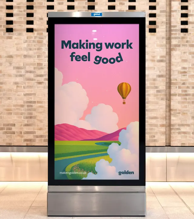 Digital billboard with illustrated landscape and hot air balloon, playful, illustrated, warm