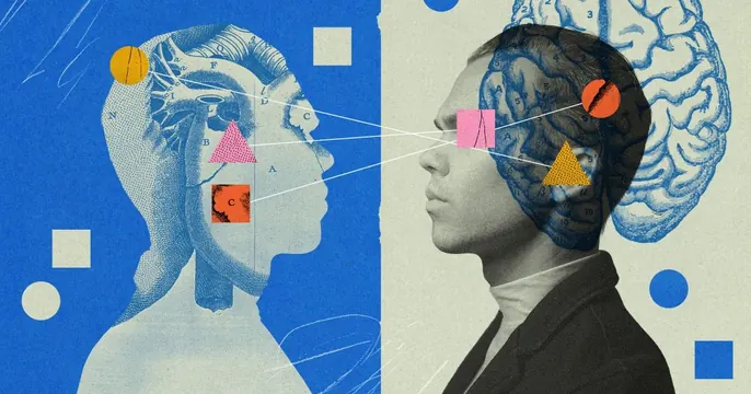 Split-panel neuroscience collage, illustrated, editorial, high-contrast