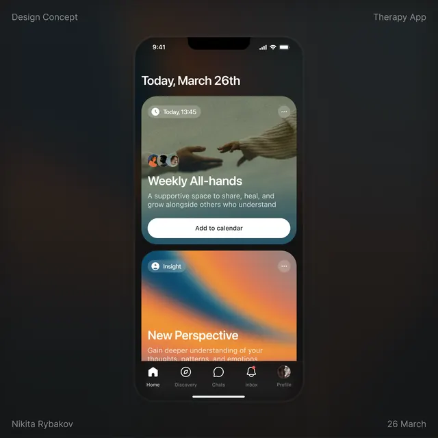 Wellness app mobile interface, minimal, dark-mode, dark