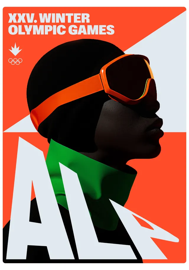 Winter Olympics poster with diagonal silhouette, geometric, warm