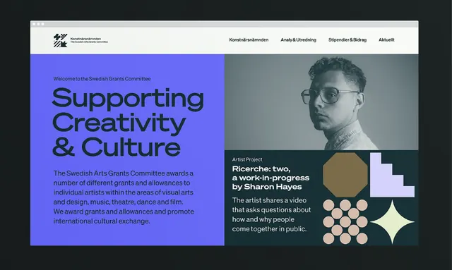 Arts funding color-blocked layout, minimal, corporate-clean, light