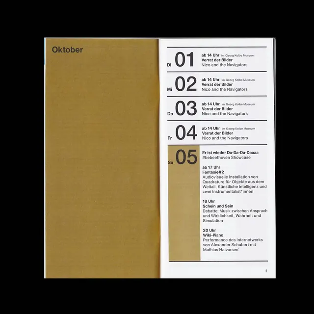 October cultural events calendar spread, minimal, editorial, light