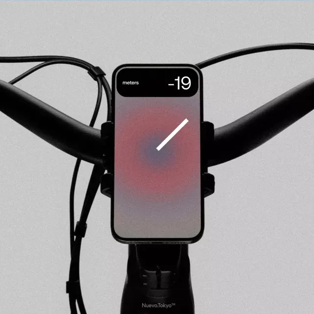 Bicycle-mounted phone app mockup with gradient UI, technical, warm