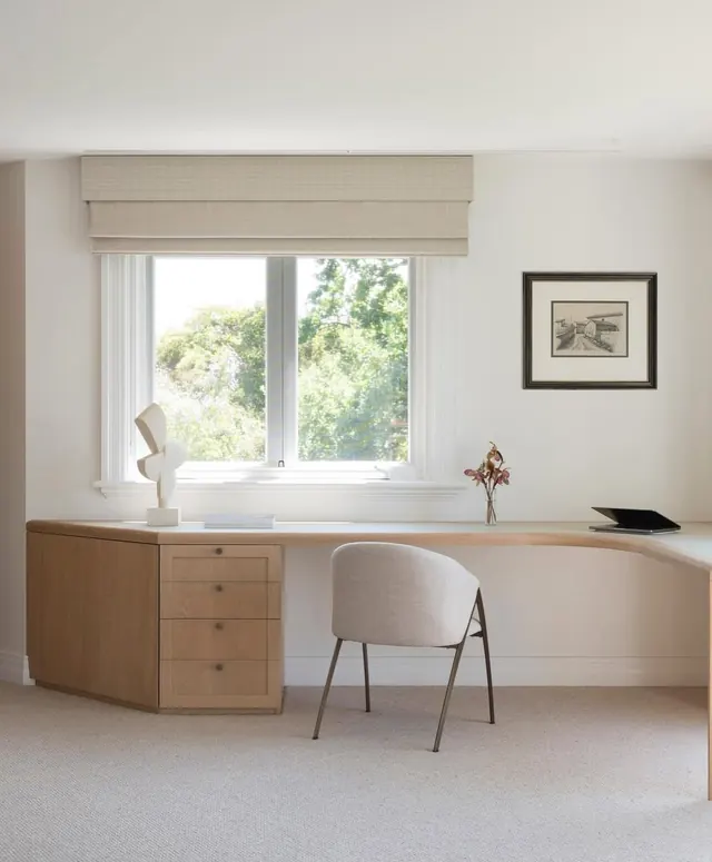 Warm-toned office workspace, minimal, organic, light