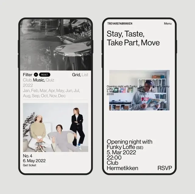 Event ticketing phone UI mockups, minimal, monochrome, dark