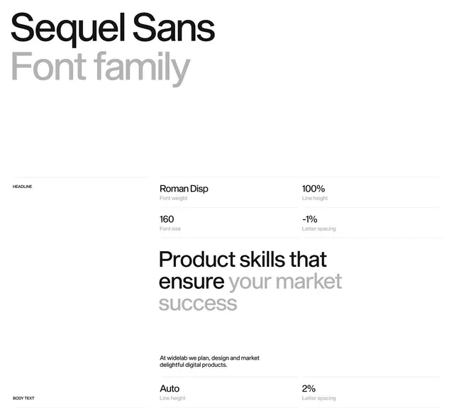 Sequel Sans type specimen sheet, minimal, technical, monochrome