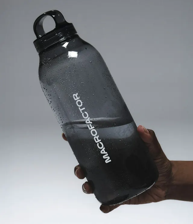 Black water bottle product shot, minimal, photographic, dark