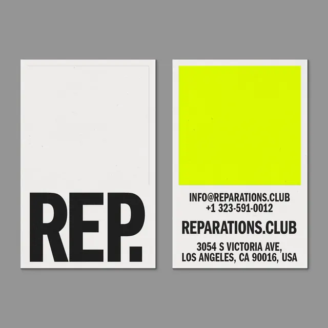 REPARATIONS.CLUB Identity, minimal, brutalist, high-contrast