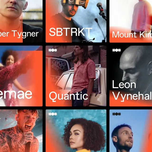 Media profile grid with warm gradient overlays, photographic, gradient-heavy, dark