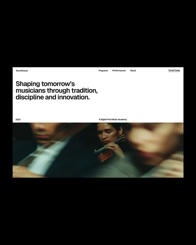 Dark academy music school landing page hero, minimal, dark-mode, dark